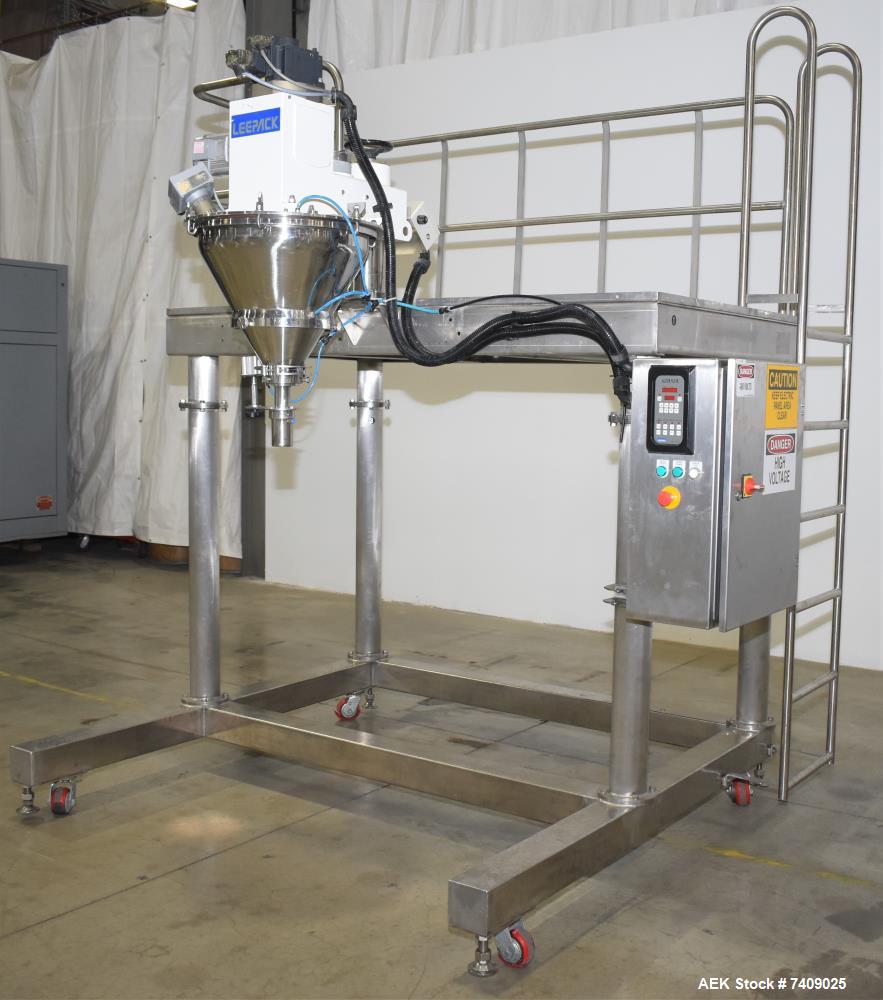 Used Leepack Servo Drive Powder Auger Feeder, Model AW-590IV. Mitsubishi model MR-JZS-200A servo drive. Foot pedal switch. Level sensor. Mounted on stainless steel frame with casters. 3/60/480 Volt.